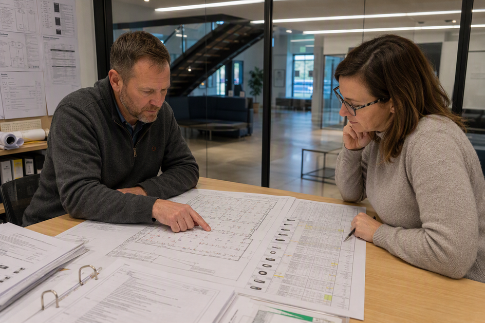 Two reviewers compare a commercial lighting plan and substitution paperwork in a project office.