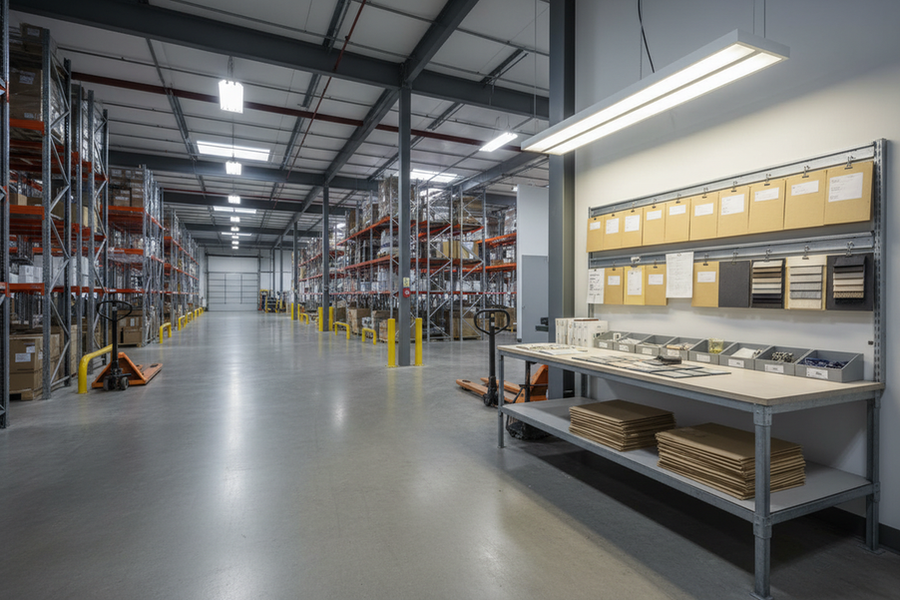 Wide view of a commercial warehouse lighting review scene with ceiling-mounted fixtures illuminating an aisle and comparison materials on a nearby worktable.