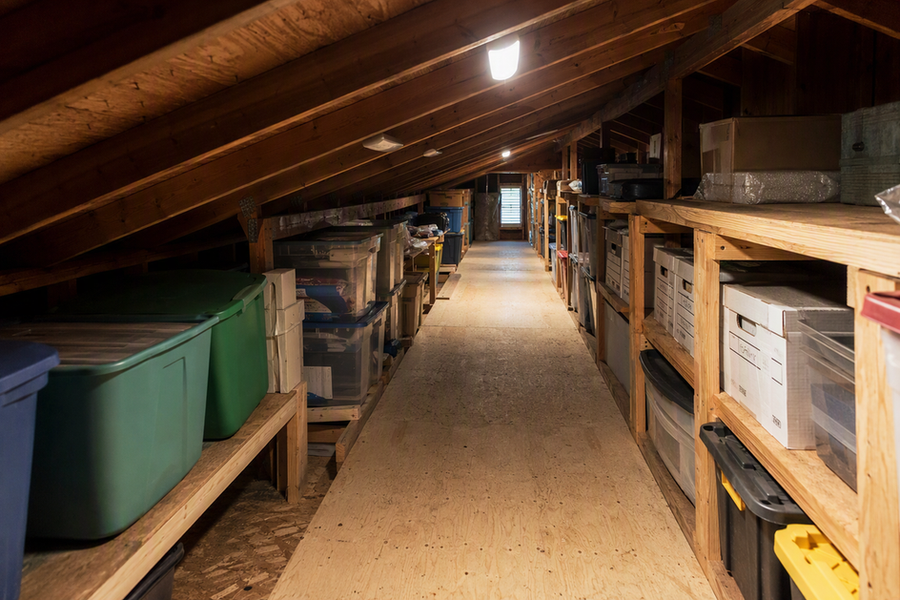 Low-clearance attic storage aisle with shelf fronts illuminated while the walking path remains unobstructed