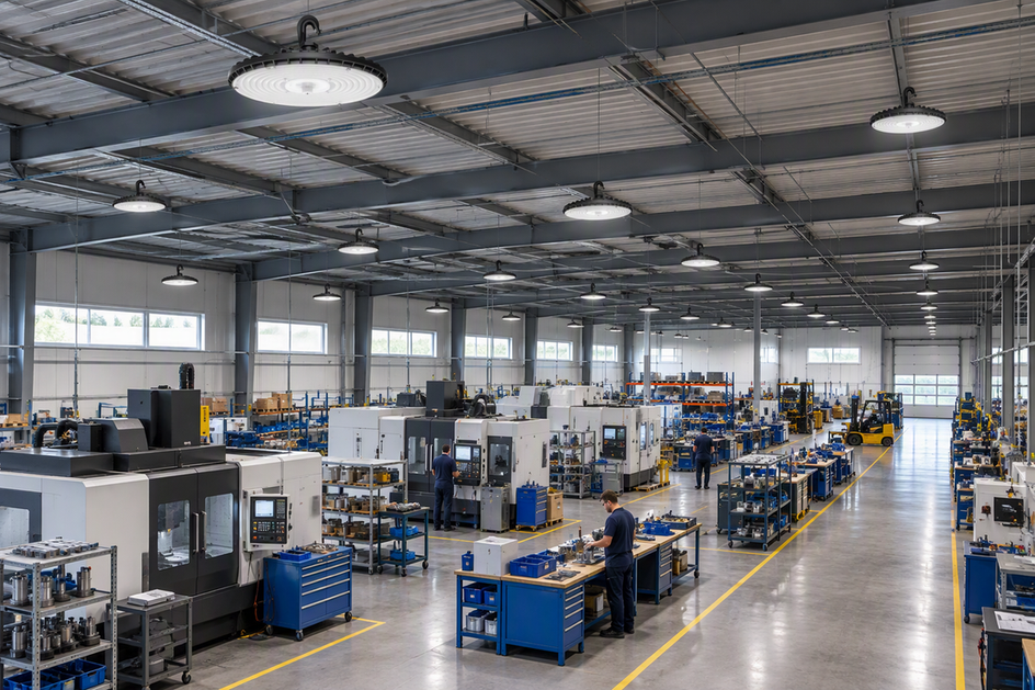 Industrial high-bay LED fixtures illuminating a manufacturing floor with assembly benches, machining equipment, and clear aisles