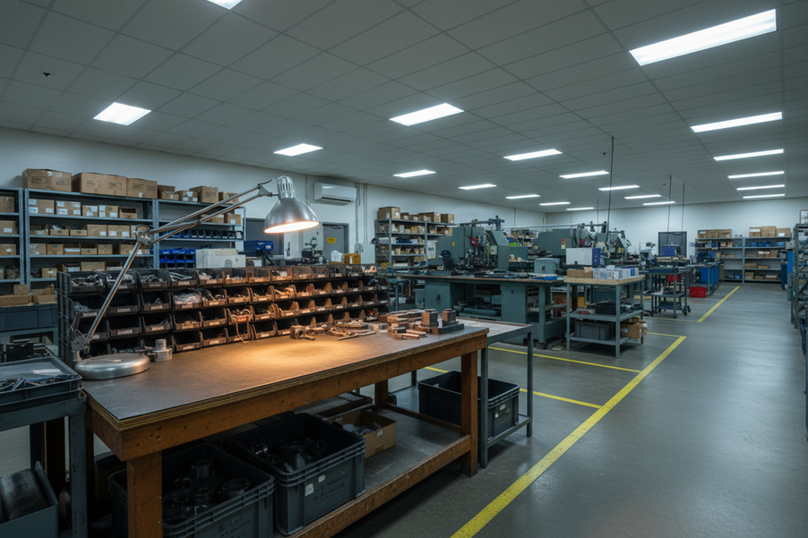 Wide view of a small manufacturing inspection area with a defined inspection bench, balanced ambient room lighting, and focused task visibility without excessive brightness