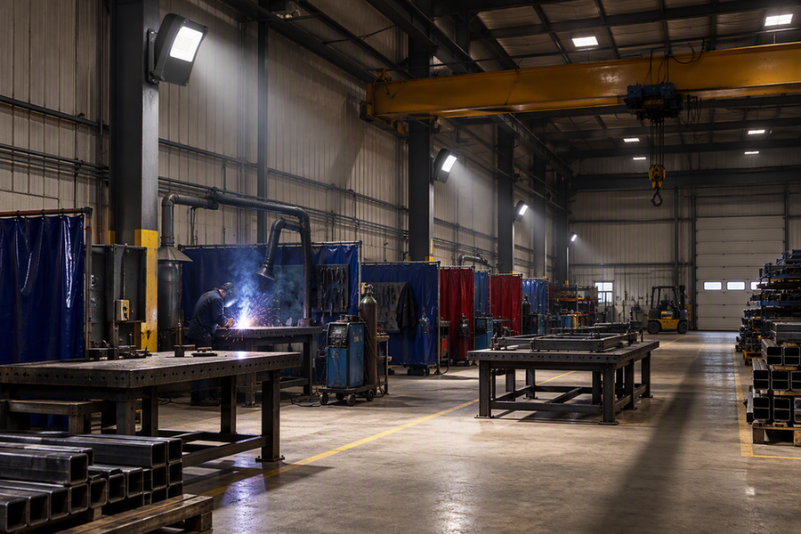 Industrial flood lighting illuminates a metal fabrication bay with welding cells, layout tables, overhead cranes, and areas of contrasting shadow.
