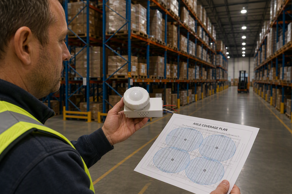 Technician holds a PIR motion sensor beside a warehouse aisle coverage plan with high-bay lights overhead.