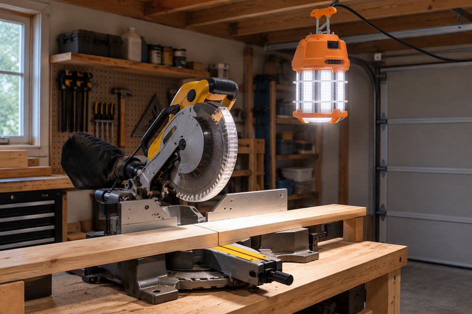 Miter saw station with a work light illuminating the cutting area in a garage workshop