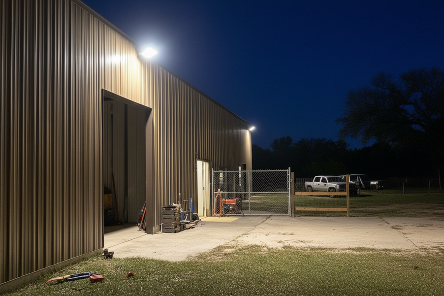 Wide dusk view of a long side yard with an outdoor floodlight illuminating the building, walkway, gate, and equipment areas with controlled light.