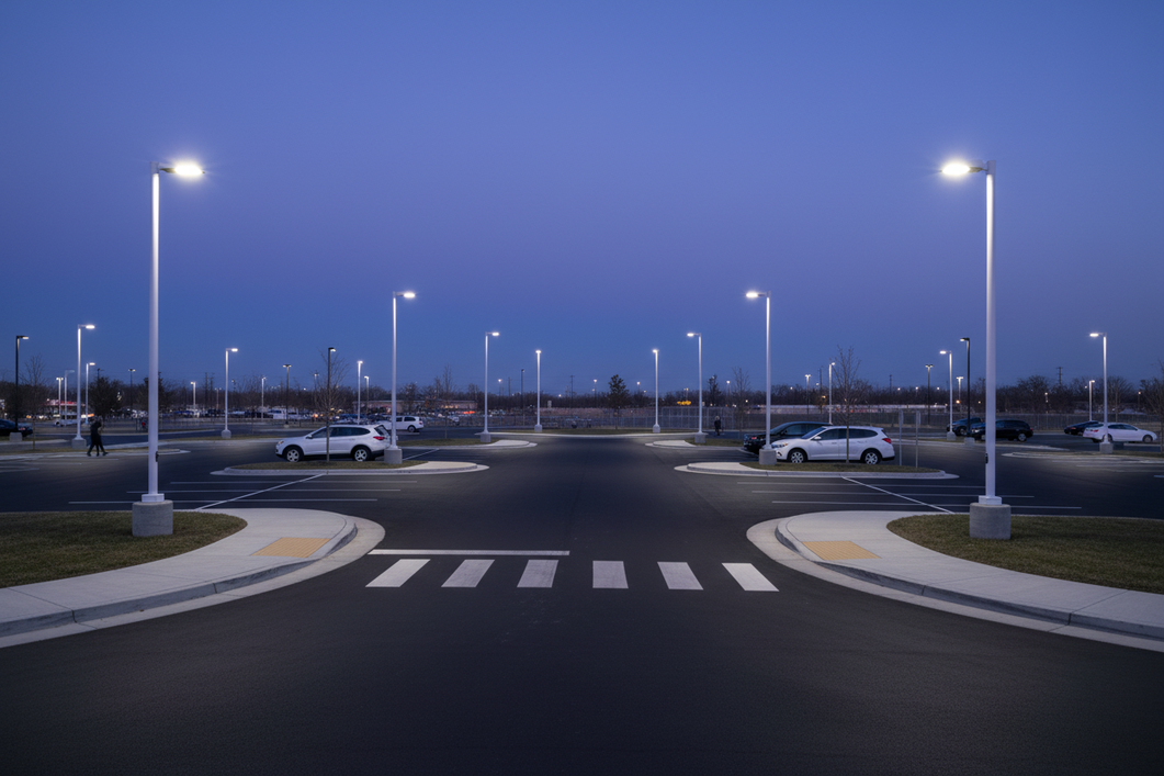 Wide view of a commercial driveway and pedestrian crossing illuminated by post-top lights at dusk