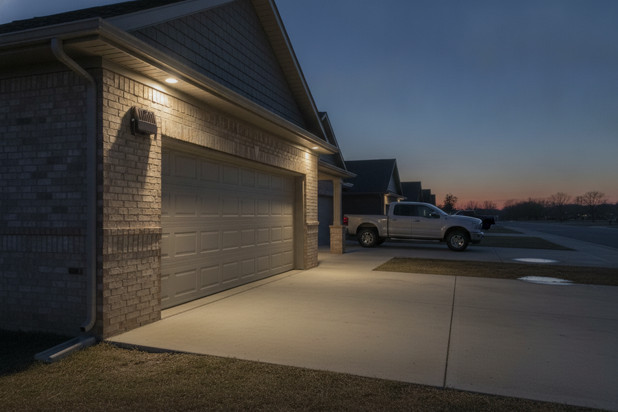 Outdoor LED flood light illuminating a driveway from an existing mounting location at dusk