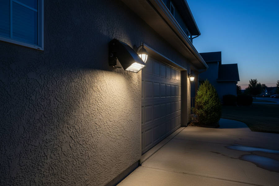 Outdoor LED wall light illuminated on a building exterior at dusk