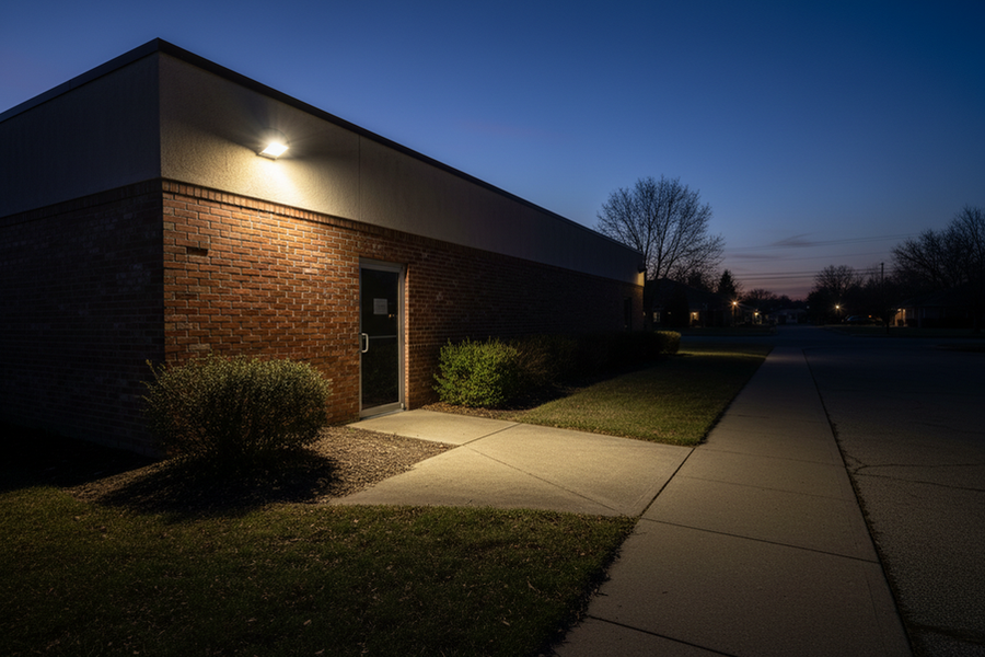 Exterior lighting scene showing a bright fixture near a building, light extending beyond the intended area, and a darker required walkway zone