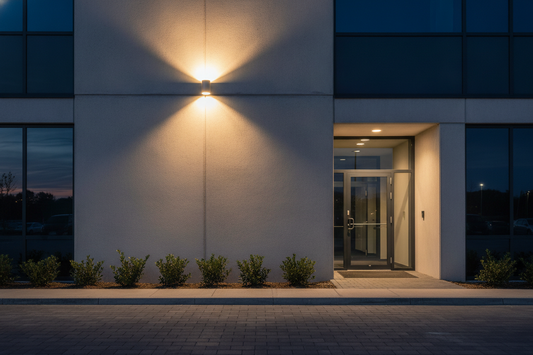 Commercial building exterior at dusk with a wall-mounted light illuminating the facade and entry area