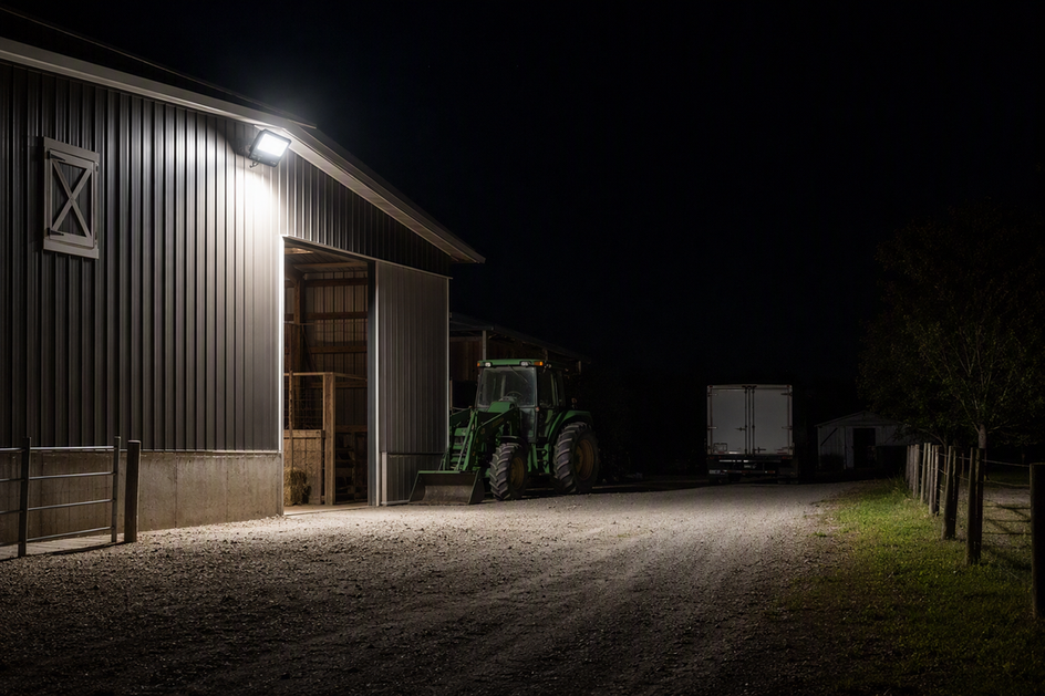 High-output LED floodlight mounted on a barn lighting a driveway and equipment lane at night