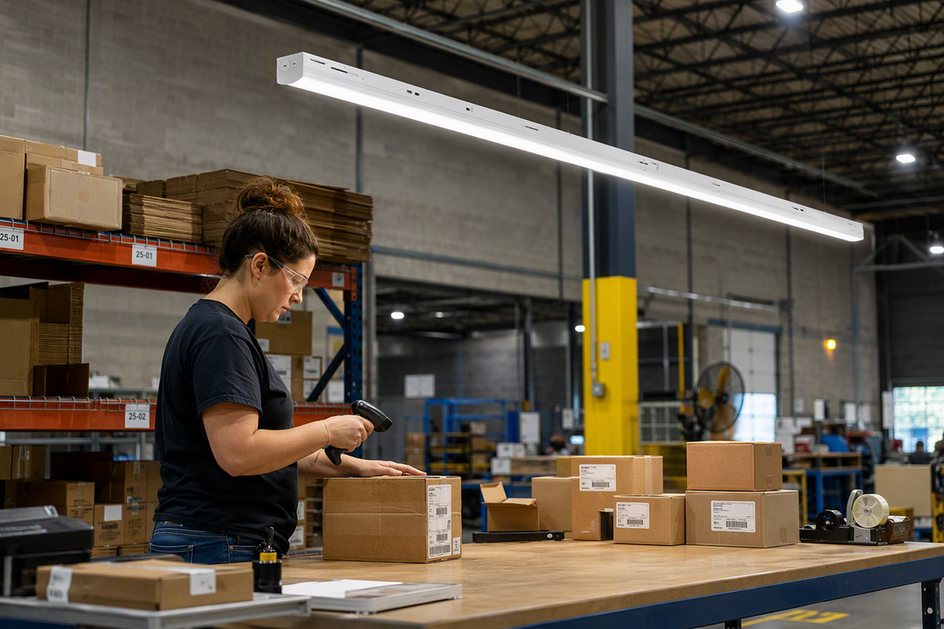 Industrial linear LED fixture illuminating a warehouse packaging bench where an operator scans labeled cartons