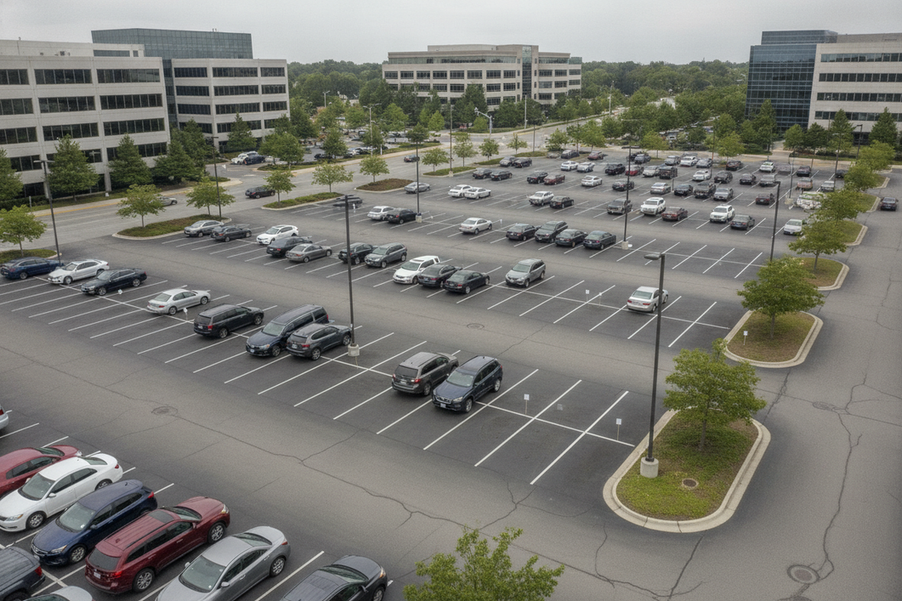 Wide view of an existing parking lot with labeled survey markers at light pole locations, showing parking spaces, drive aisles, buildings, and site edges for retrofit planning