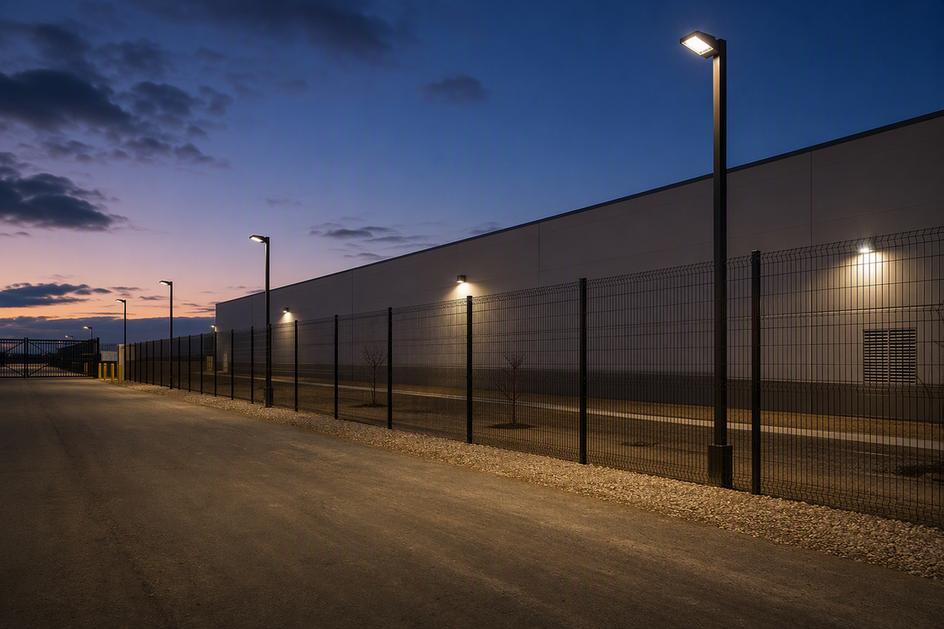Commercial perimeter fence illuminated by pole-mounted area lights at dusk, with consistent coverage along the fence line.