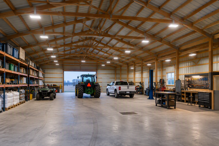 Pole Barn Lighting Layout: Fixture Spacing, Truss Mounting, and Lumens per Bay