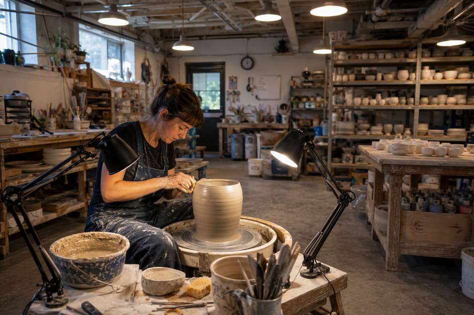 Potter working at a ceramic wheel under layered studio lighting, with opposing task lights reducing shadows on the rotating vessel.
