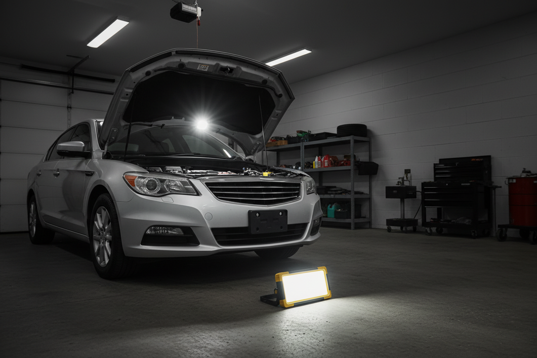 Rechargeable LED work light positioned beside an open vehicle engine bay in a garage