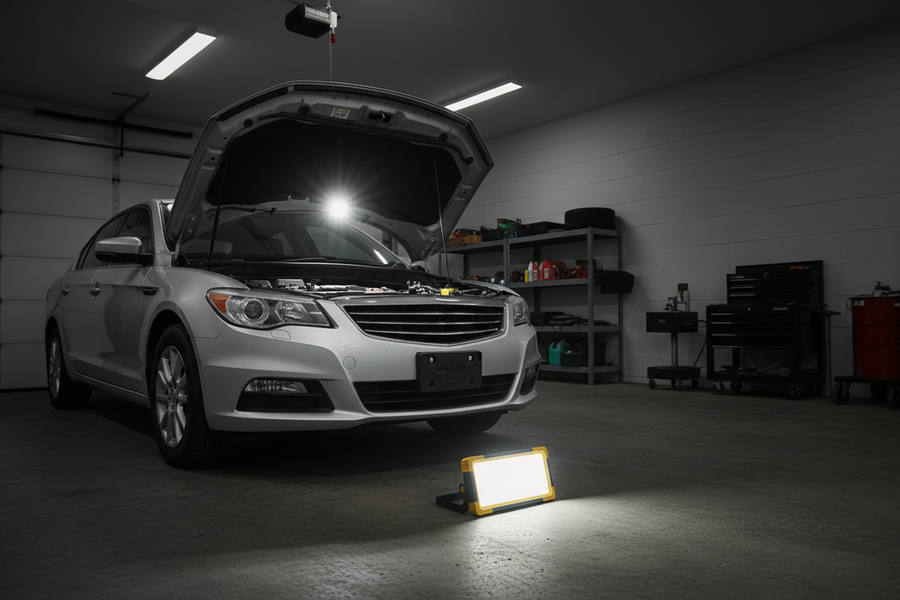 Rechargeable LED work light positioned beside an open vehicle engine bay in a garage