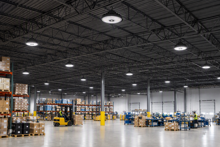 High-bay warehouse fixtures illuminate the work floor while the ceiling above remains visibly darker