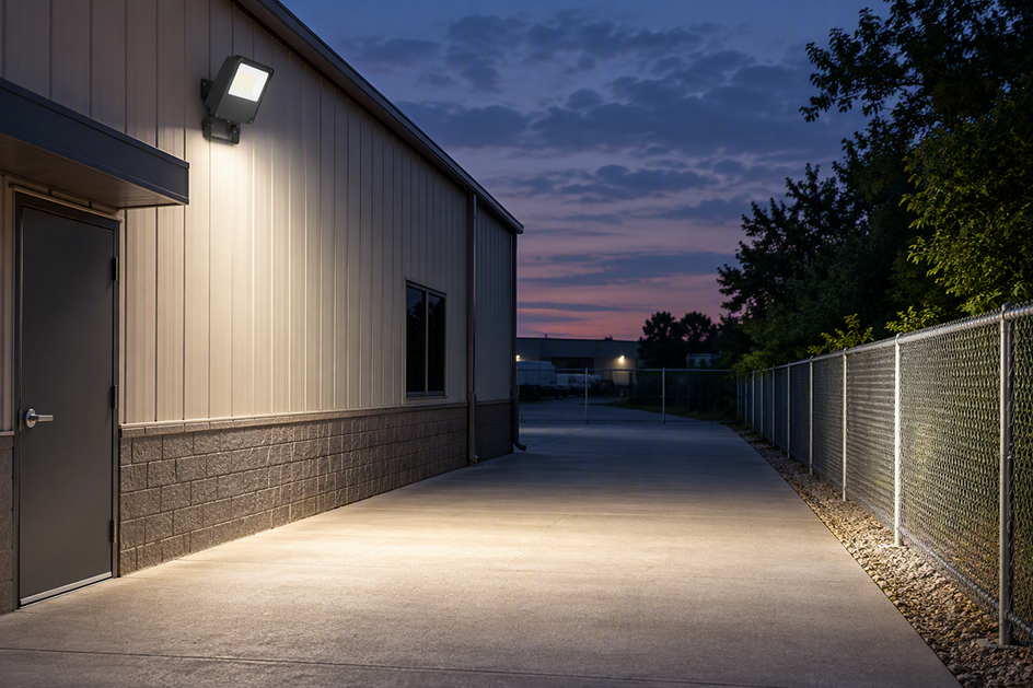 Outdoor LED security floodlight mounted high on a building exterior and illuminating a driveway and fence at dusk