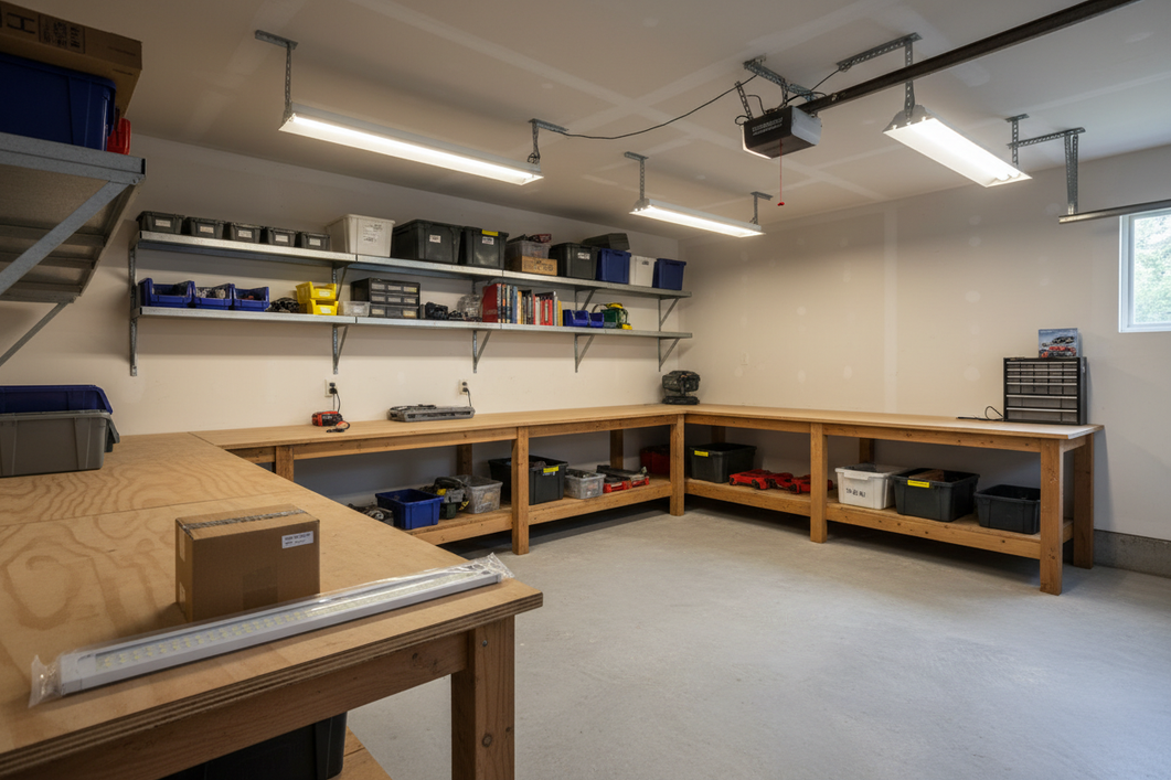 Workshop ceiling with existing fluorescent fixtures and a planned LED lighting replacement layout
