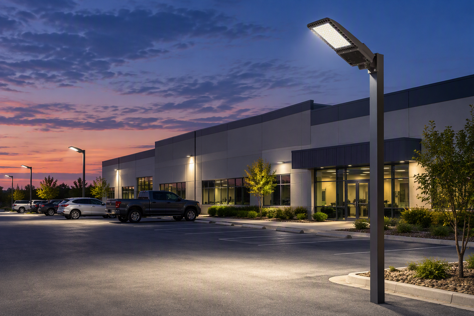 Pole-mounted LED parking lot light illuminating a commercial facility and vehicle area at dusk