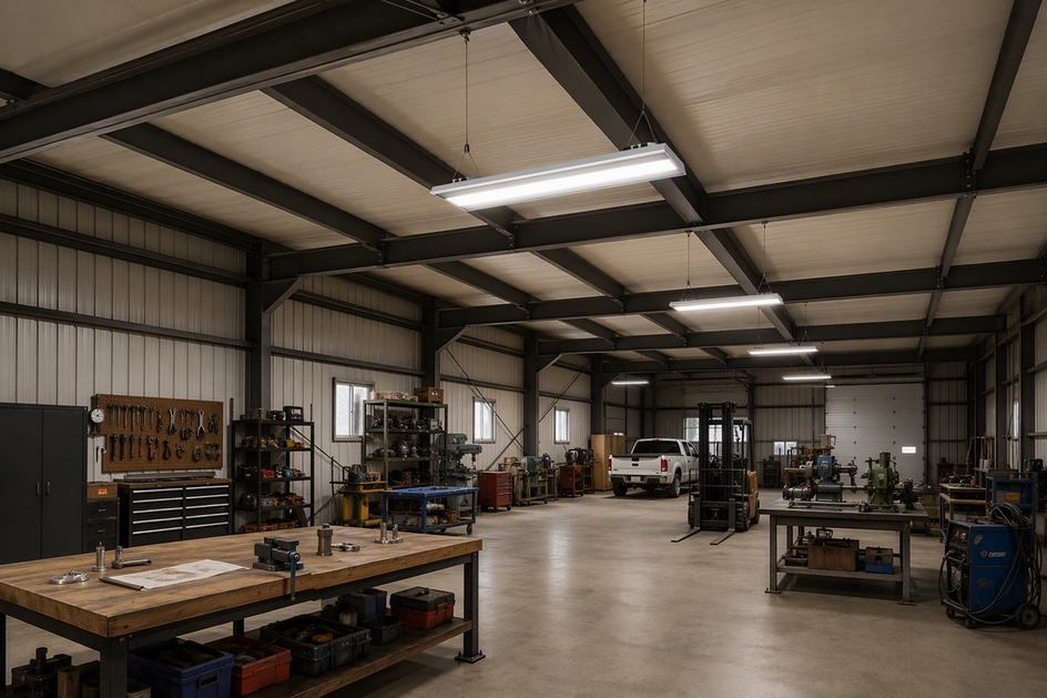 Linear high bay light suspended above work zones in a 25-foot commercial barn workshop