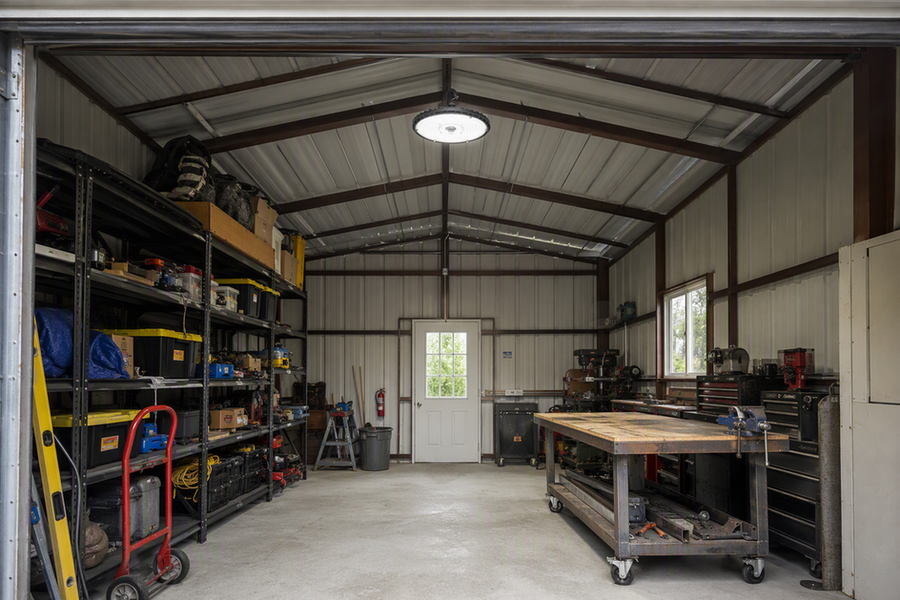 Detached workshop interior with a high-bay LED fixture illuminating storage and work areas.