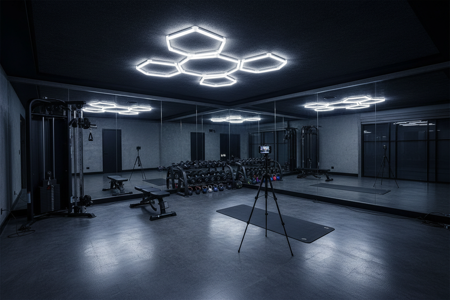 Small gym with ceiling lighting planned around training equipment, mirrors, circulation paths, and a filming position
