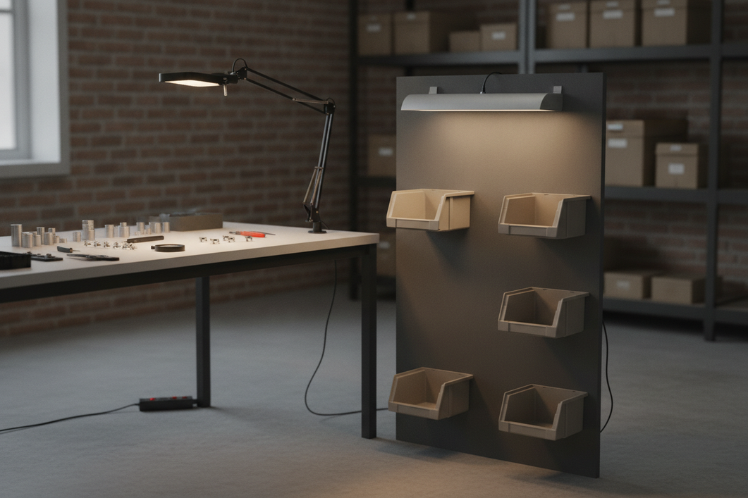 Workshop inspection station with a bench light aimed at small components and a separate vertical light illuminating an upright work surface