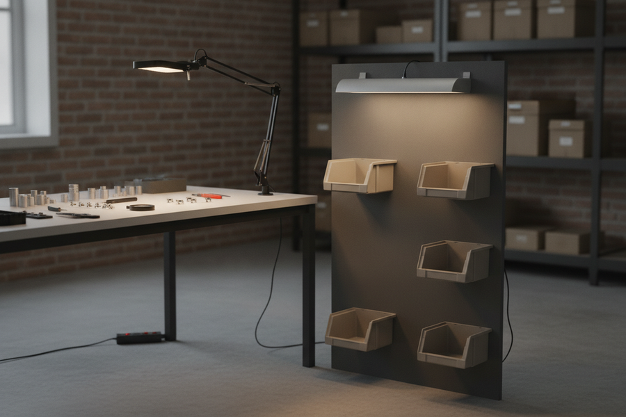 Workshop inspection station with a bench light aimed at small components and a separate vertical light illuminating an upright work surface