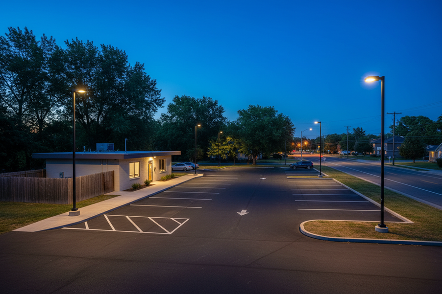Small commercial parking lot with evenly spaced outdoor lighting, building, drive aisles, and nearby property edges viewed at dusk