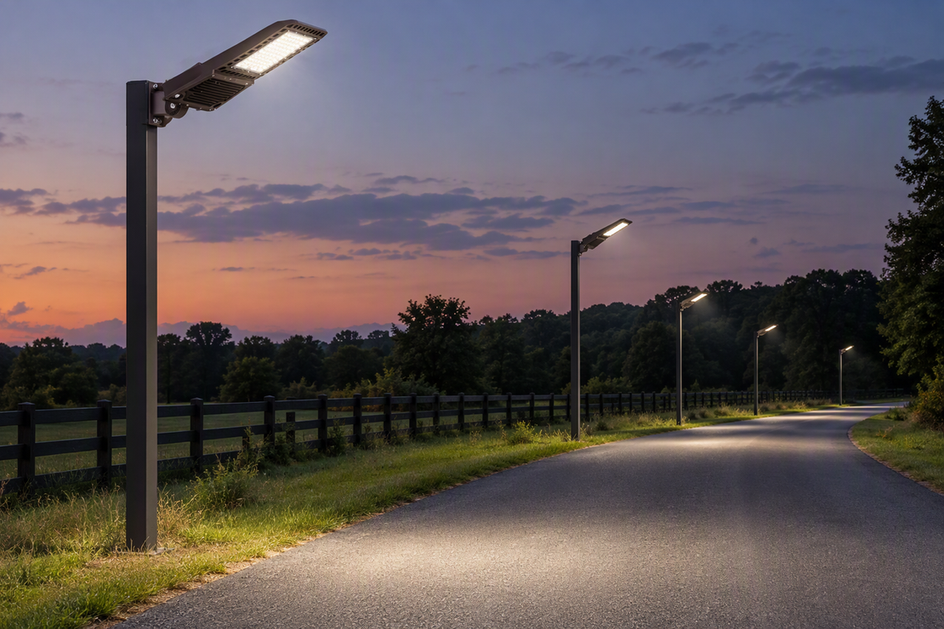 A roadway LED light fixture illuminates a private road at dusk, with evenly spaced poles continuing into the distance.