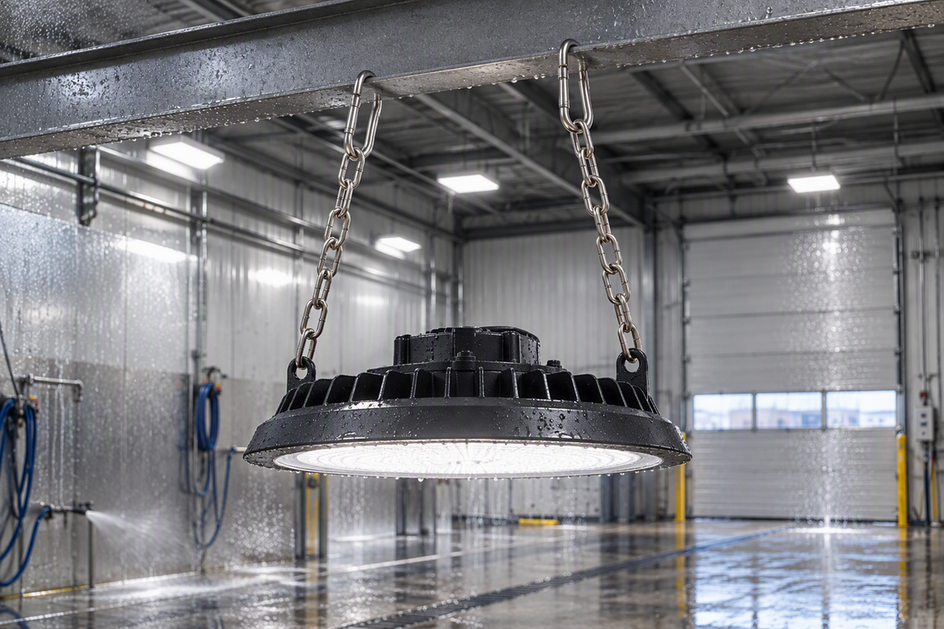 Stainless hanging chain hardware with carabiners suspended above a washdown bay light in an exterior garage setting