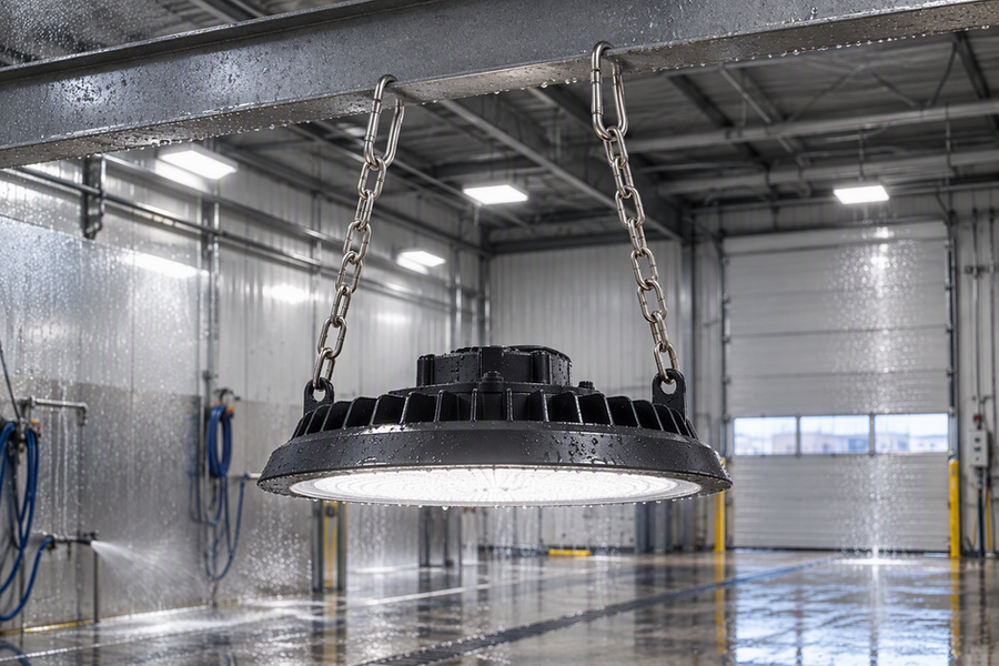 Stainless hanging chain hardware with carabiners suspended above a washdown bay light in an exterior garage setting