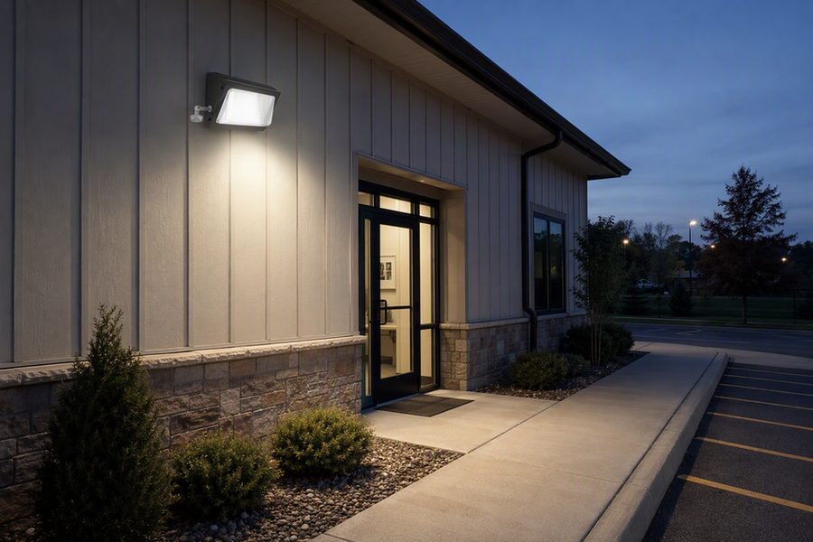 Motion-activated exterior wall-pack light illuminating a building entrance and walkway at dusk