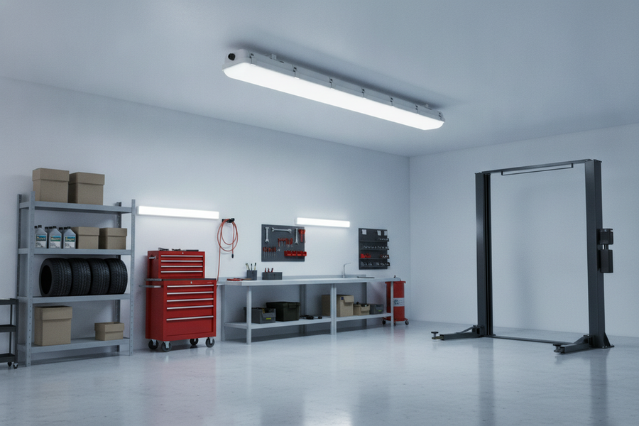 Sealed linear LED fixture installed in a clean commercial workshop with bright, even illumination