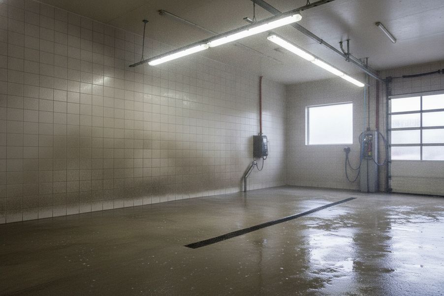 Sealed lighting fixtures installed in a clean vehicle wash area with visible moisture and reflective surfaces