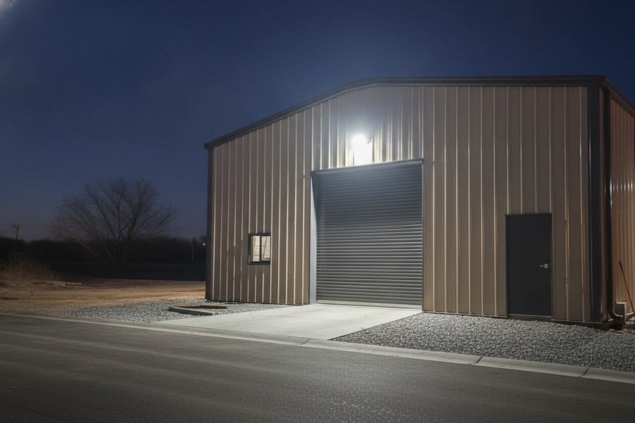 Wall-mounted exterior wall pack light illuminating a commercial building facade at dusk