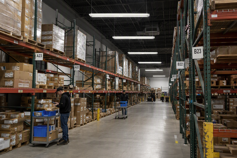 Warehouse pickers reading rack labels beneath suspended high-bay lighting in a long aisle