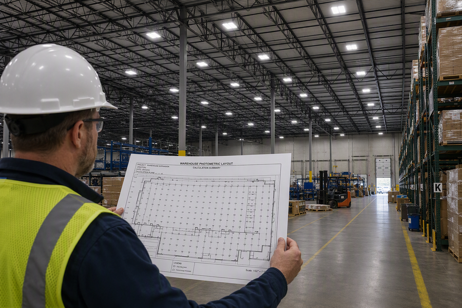 Warehouse lighting professional reviewing a photometric layout report beneath evenly spaced high-bay fixtures