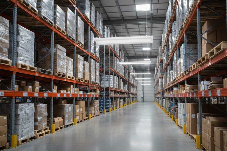 Warehouse aisle with rack faces illuminated by suspended high-bay lighting, showing a broad view of the storage area