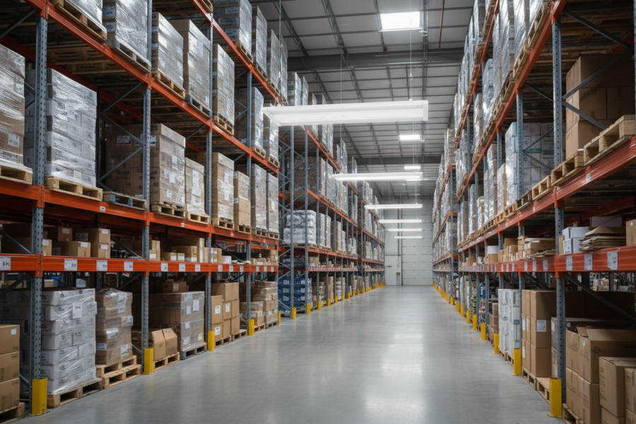 Warehouse aisle with rack faces illuminated by suspended high-bay lighting, showing a broad view of the storage area