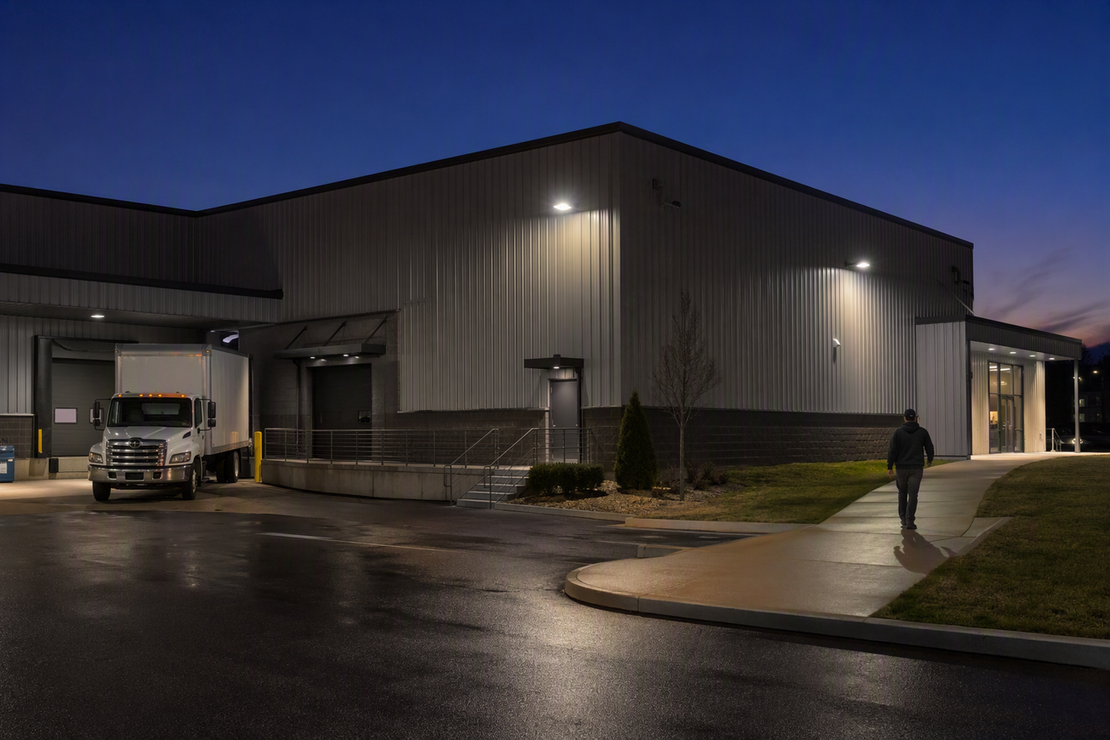 Commercial building exterior at dusk with outdoor sensor lighting covering a loading area and entrance.