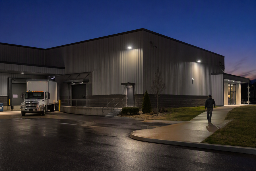 Commercial building exterior at dusk with outdoor sensor lighting covering a loading area and entrance.
