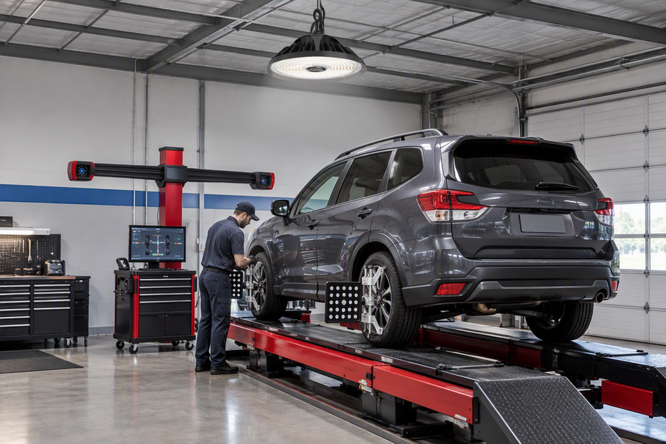 LED high-bay fixture illuminating a vehicle on a wheel alignment rack while cameras and target heads remain visible