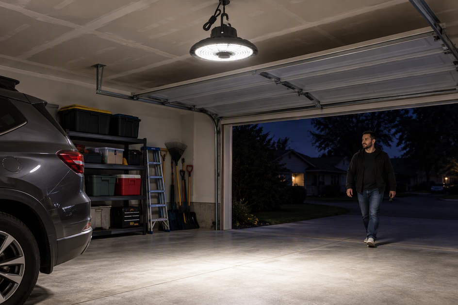 Motion-sensor high-bay light illuminating a residential garage as a person enters near the open garage door