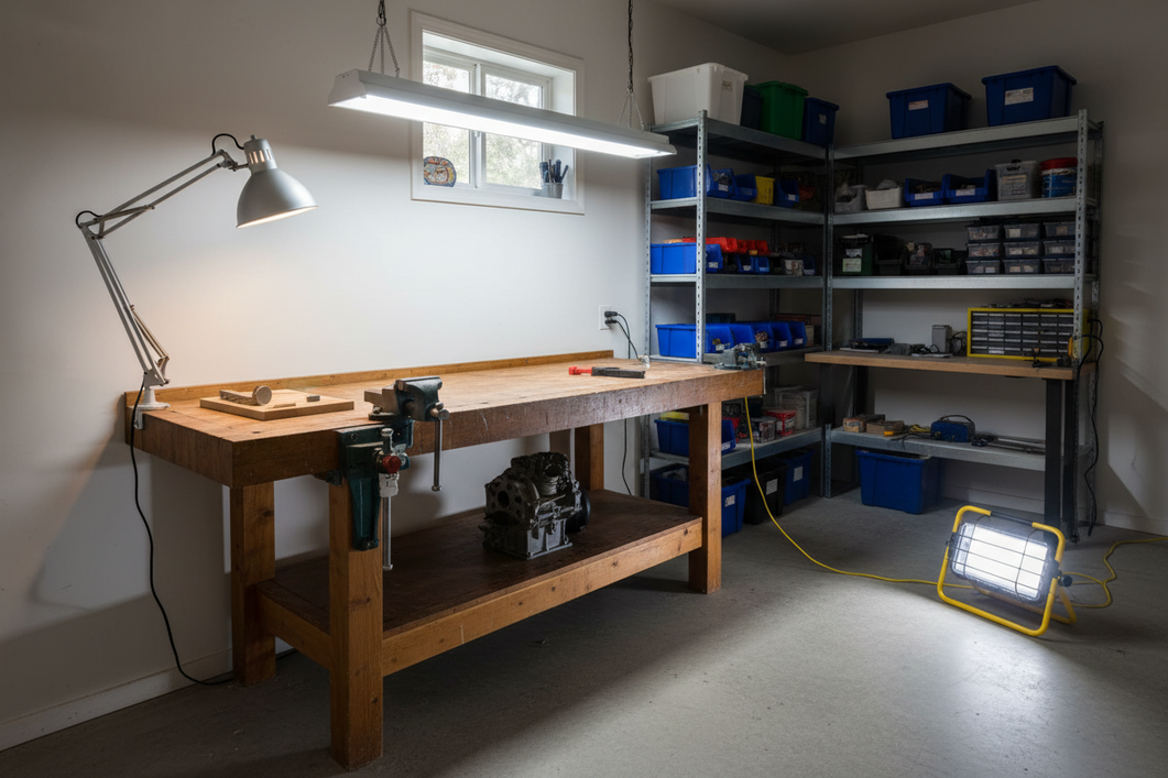 Wide workshop scene showing ceiling, wall, and portable task lighting arranged around different work areas