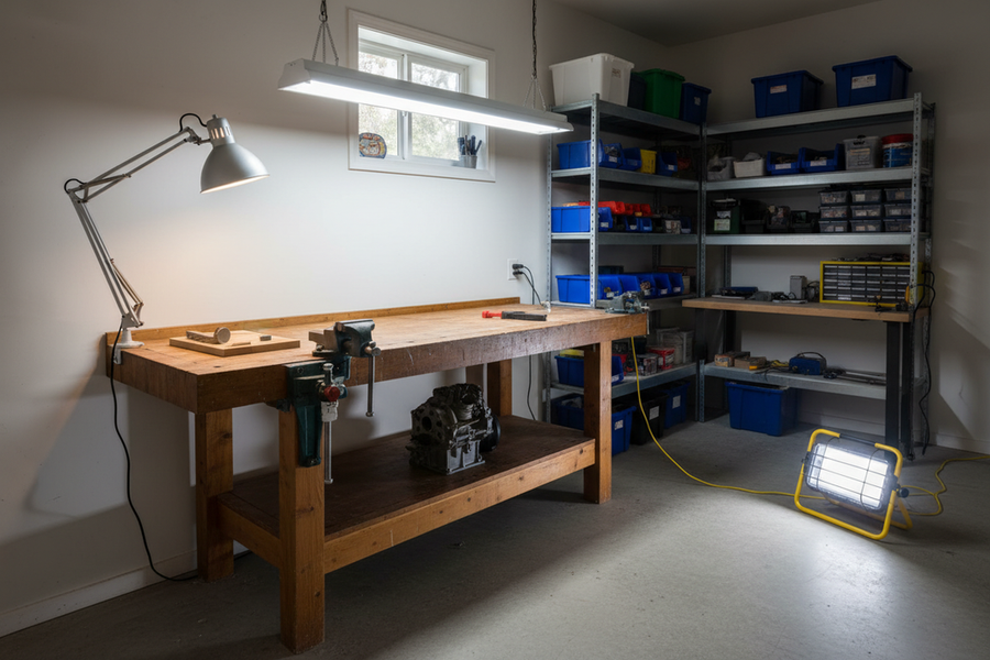 Wide workshop scene showing ceiling, wall, and portable task lighting arranged around different work areas