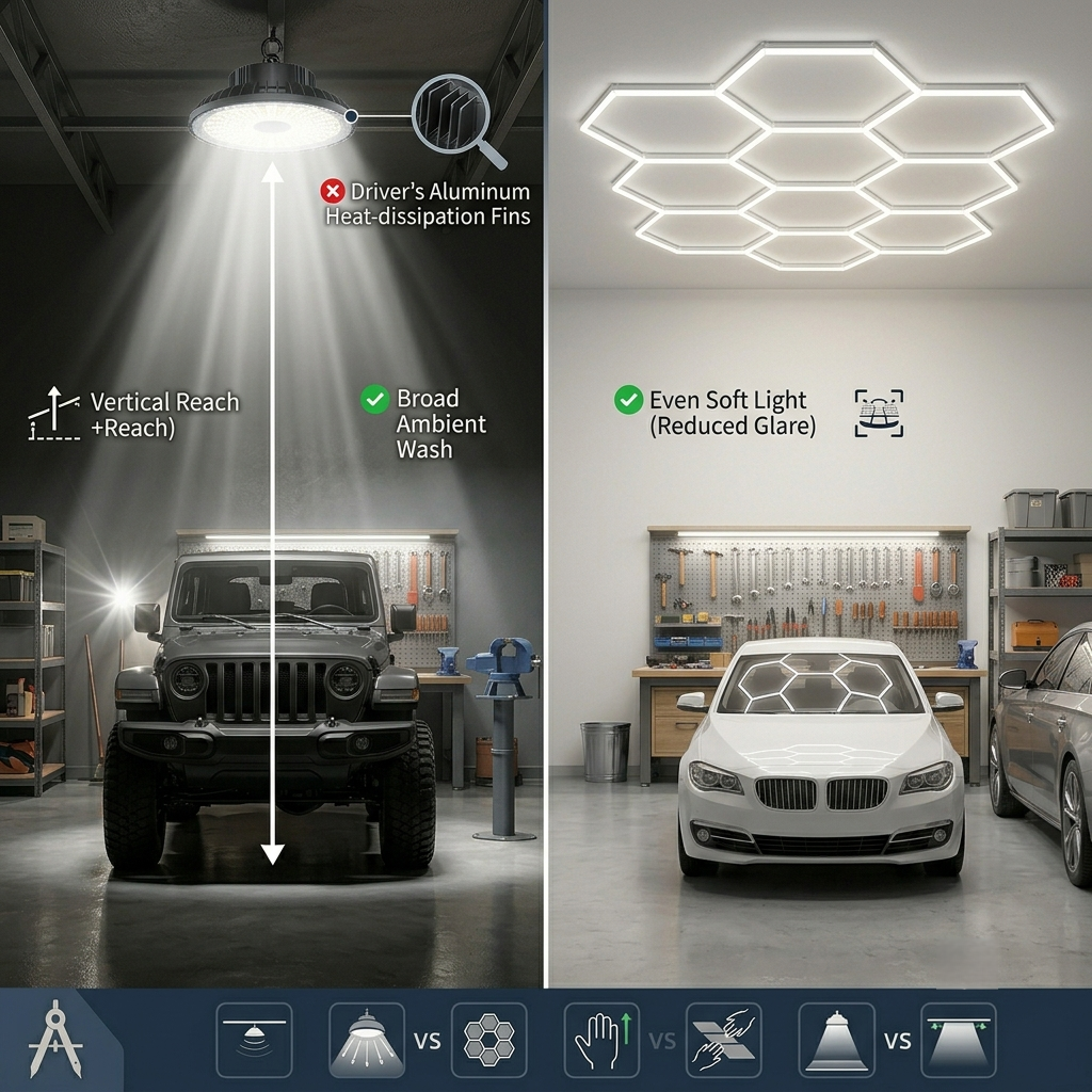 High Bay vs Hexagon Lights by Garage Ceiling Height